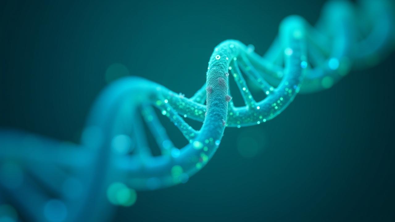 Abstract representation of a DNA helix intertwining with glowing cellular structures, set against a background of microchips and biometric data overlays