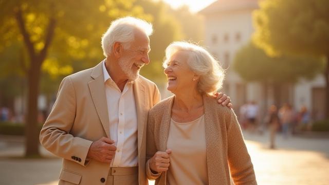 Elderly couple looking vibrant and healthy, symbolizing longevity