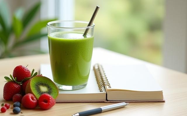 A vibrant green smoothie, fresh fruits, and a journal on a light wooden table, suggesting healthy habits.